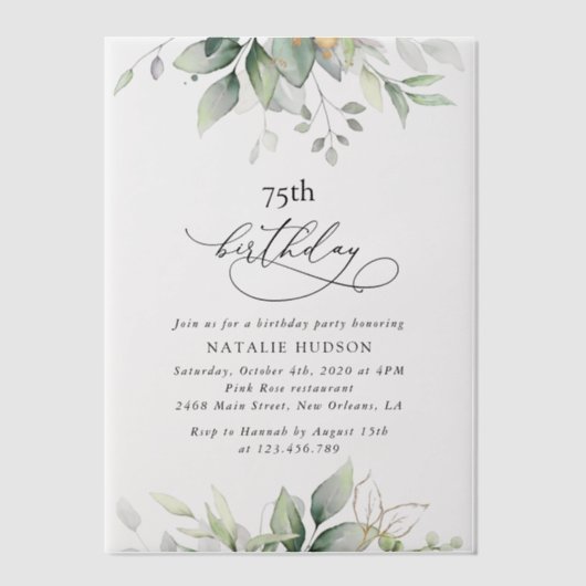 Greenery, Eucalyptus Leaves, Boho, Birthday ベラム紙招待状 (正面)