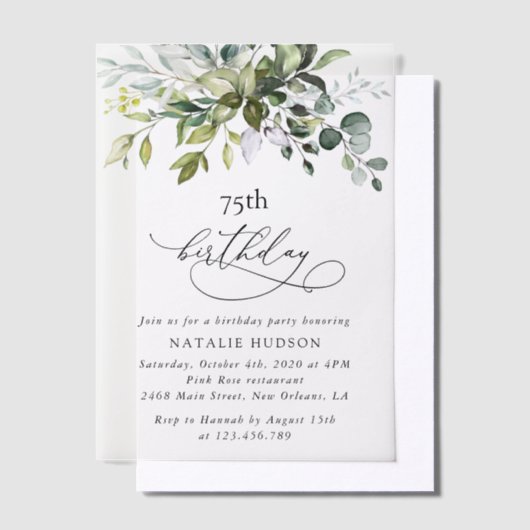 Greenery, Eucalyptus Leaves, Boho, Birthday ベラム紙招待状 (オフセット)