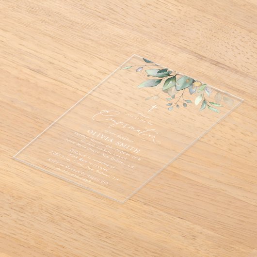 Greenery, Eucalyptus Leaves, Boho, Confirmation アクリル招待状 (レイダウン)