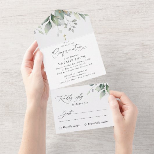 Greenery, Eucalyptus Leaves, Boho, Confirmation オールインワン招待状 (貼ってはがせる)
