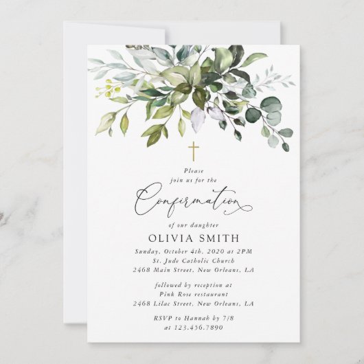 Greenery, Eucalyptus Leaves, Boho, Confirmation 招待状 (正面)