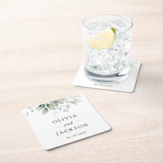 Greenery, Eucalyptus Leaves, Botanical Wedding スクエアペーパーコースター (インサイチュ)