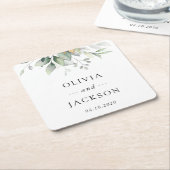 Greenery, Eucalyptus Leaves, Botanical Wedding スクエアペーパーコースター (アングル)