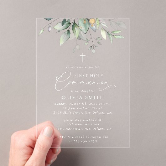 Greenery, Eucalyptus Leaves, First Holy Communion アクリル招待状 (インサイチュ (ポータブル))