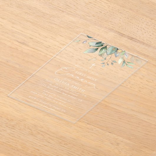 Greenery, Eucalyptus Leaves, First Holy Communion アクリル招待状 (レイダウン)