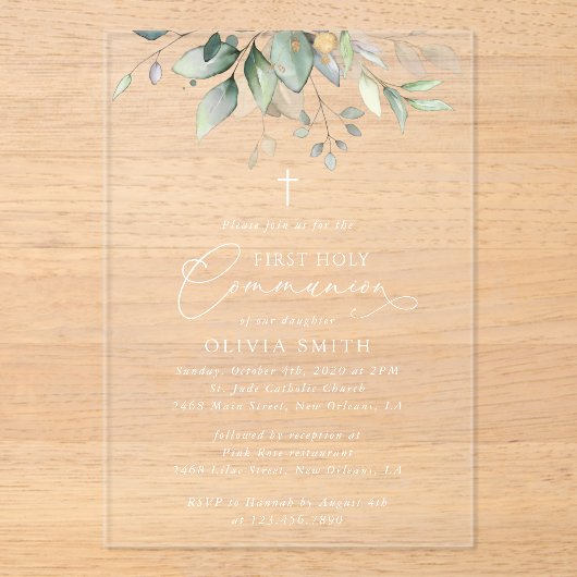 Greenery, Eucalyptus Leaves, First Holy Communion アクリル招待状 (正面)