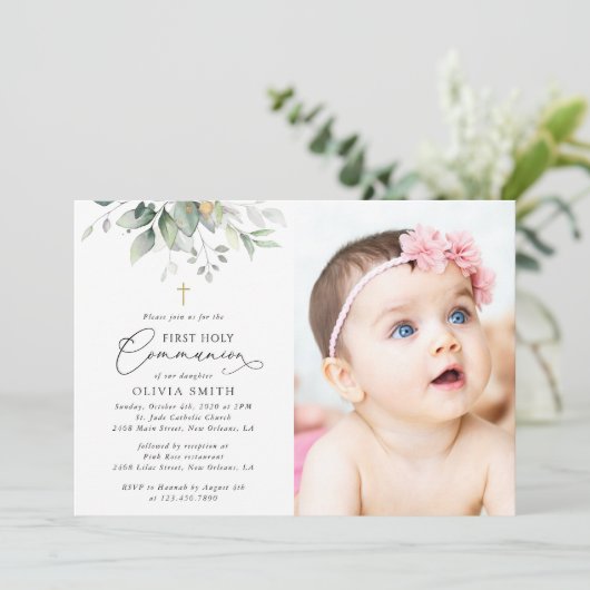 Greenery, Eucalyptus Leaves, First Holy Communion 招待状 (スタンド正面)