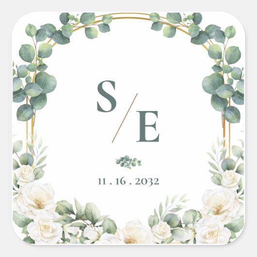 Greenery Eucalyptus Monogram Botanical Wedding スクエアシール (正面)