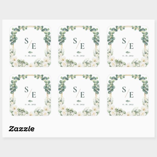 Greenery Eucalyptus Monogram Botanical Wedding スクエアシール (シート)