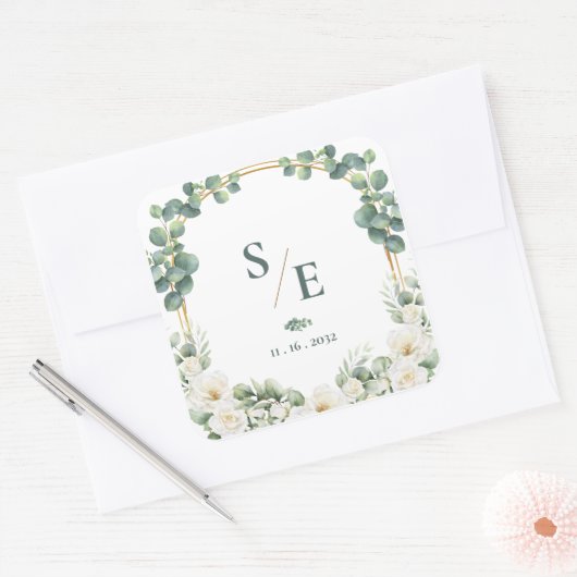 Greenery Eucalyptus Monogram Botanical Wedding スクエアシール (封筒)