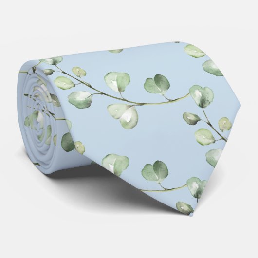 Greenery Eucalyptus Sky Blue Wedding Neck Tie ネクタイ (ロール)