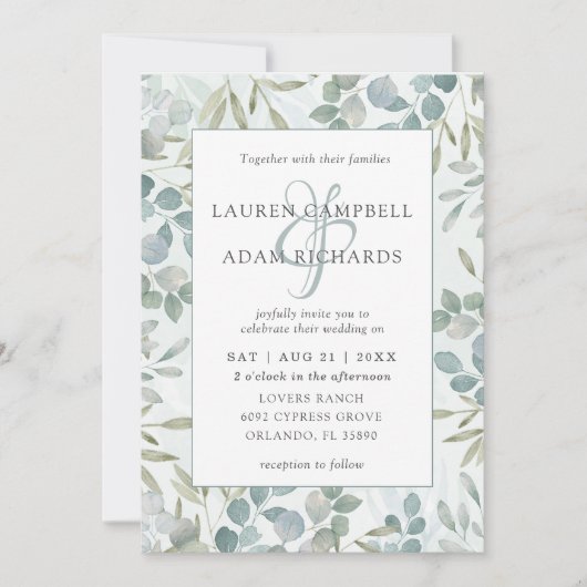Greenery Eucalyptus Watercolor Wedding Invitation 招待状 (正面)