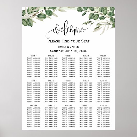 Greenery Eucalyptus Wedding Seating Chart ポスター (正面)