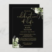 Greenery Floral Black And Gold Celebration of Life 案内ポストカード (正面/裏面)