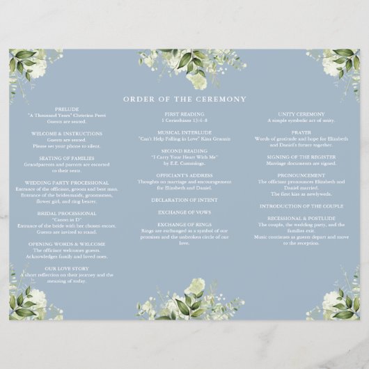 Greenery Floral Dusty Blue Trifold Wedding Program チラシ (裏面)