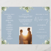Greenery Floral Dusty Blue Trifold Wedding Program チラシ (正面)