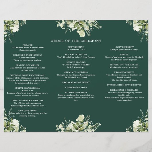 Greenery Floral Emerald Trifold Wedding Program チラシ (裏面)