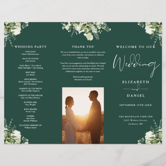 Greenery Floral Emerald Trifold Wedding Program チラシ (正面)