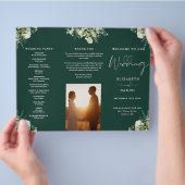 Greenery Floral Emerald Trifold Wedding Program チラシ (手)