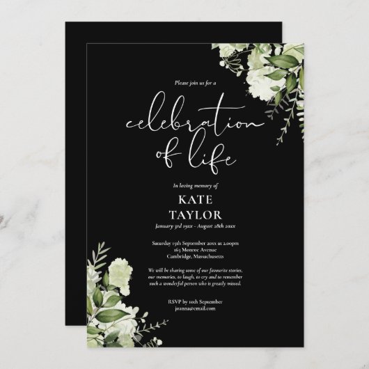 Greenery Floral Funeral Celebration of Life 招待状 (正面/裏面)