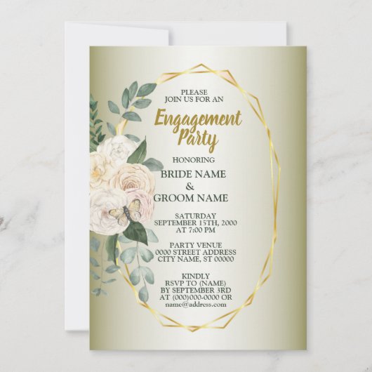 Greenery Floral Gold Geometric Engagement Party 招待状 (正面)
