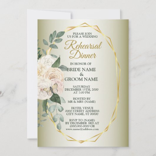 Greenery Floral Gold Geometric Rehearsal Dinner 招待状 (正面)