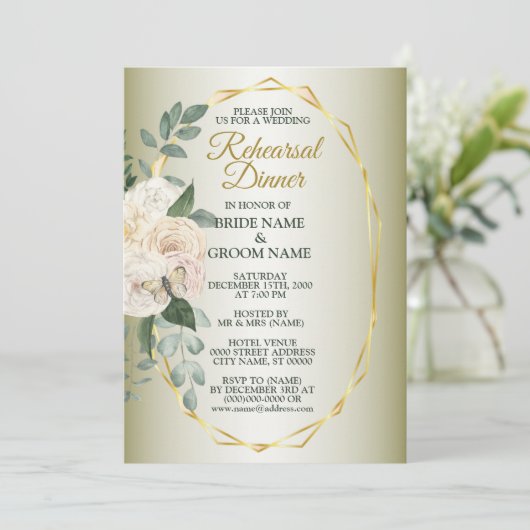 Greenery Floral Gold Geometric Rehearsal Dinner 招待状 (スタンド正面)