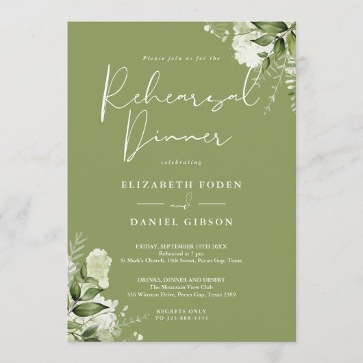 Greenery Floral Moss Green Rehearsal Dinner 招待状 (正面)