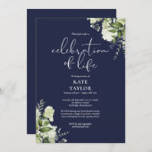 Greenery Floral Navy Blue Celebration of Life 招待状 (正面/裏面)