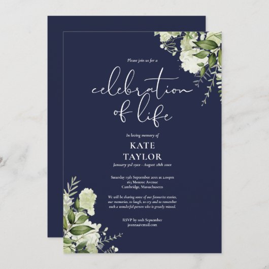 Greenery Floral Navy Blue Celebration of Life 招待状 (正面/裏面)