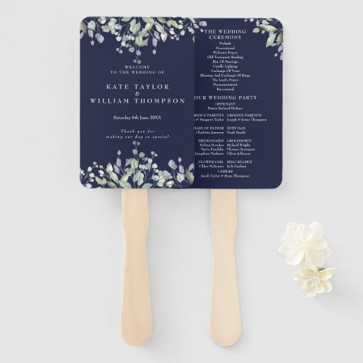 Greenery Floral Navy Blue Wedding Program ハンドファン (正面&裏面)