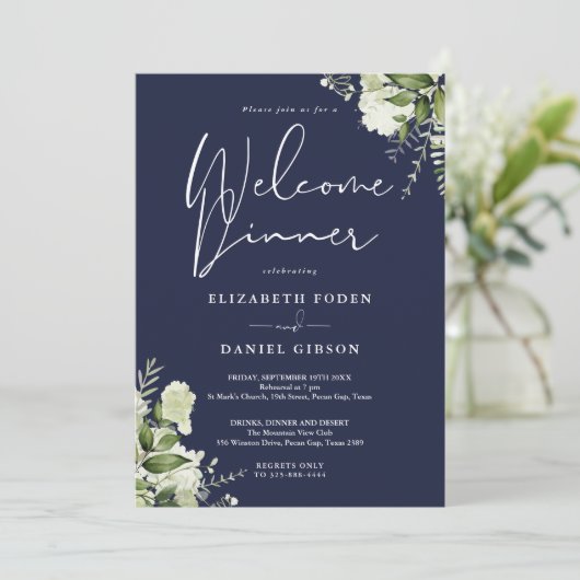 Greenery Floral Navy Blue Welcome Dinner 招待状 (スタンド正面)