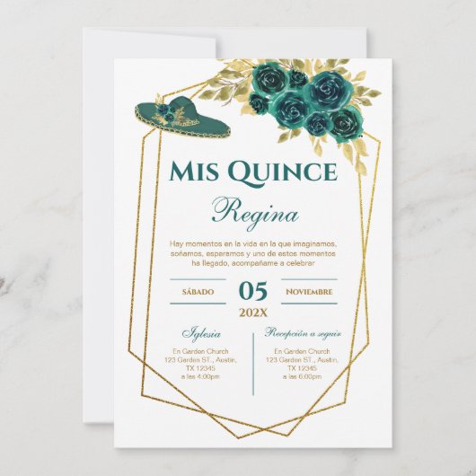 Greenery Floral Quinceañera Spanish  招待状 (正面)