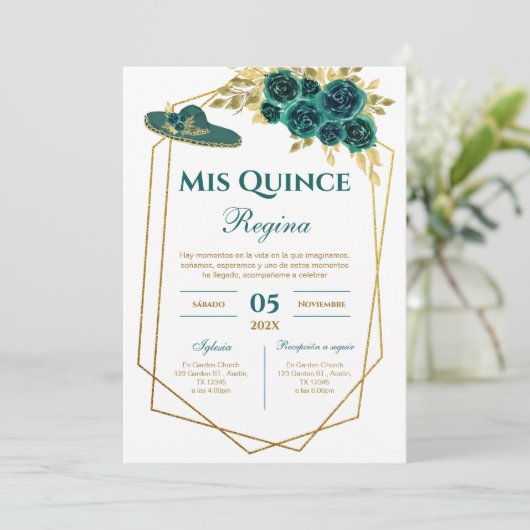 Greenery Floral Quinceañera Spanish  招待状 (スタンド正面)