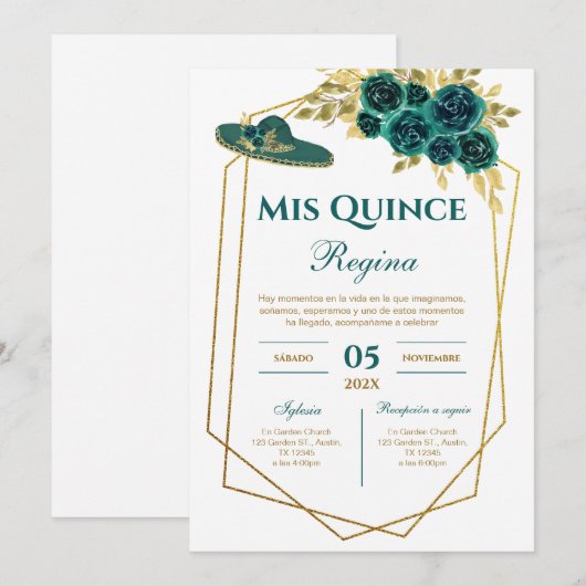 Greenery Floral Quinceañera Spanish  招待状 (正面/裏面)
