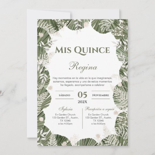 Greenery Floral Quinceañera Spanish  招待状 (正面)