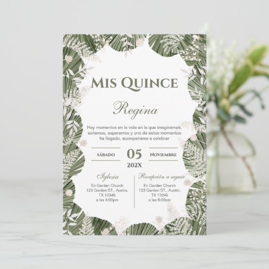 Greenery Floral Quinceañera Spanish  招待状 (スタンド正面)