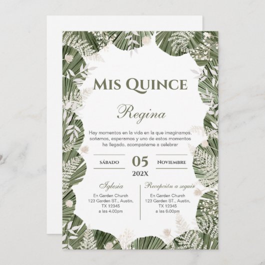 Greenery Floral Quinceañera Spanish  招待状 (正面/裏面)