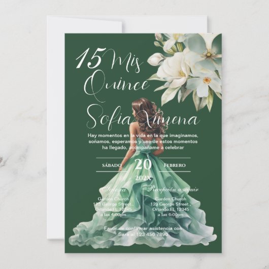 Greenery Floral Quinceañera Spanish Invitation 招待状 (正面)