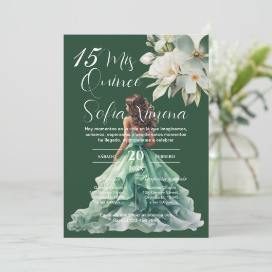 Greenery Floral Quinceañera Spanish Invitation 招待状 (スタンド正面)