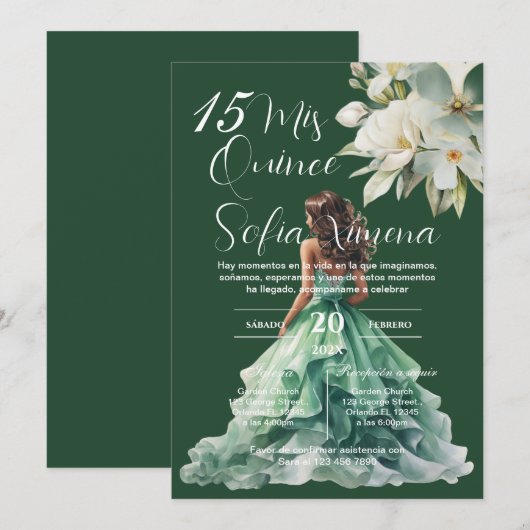 Greenery Floral Quinceañera Spanish Invitation 招待状 (正面/裏面)