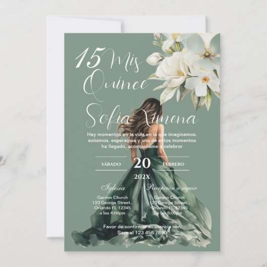 Greenery Floral Quinceañera Spanish Invitation 招待状 (正面)