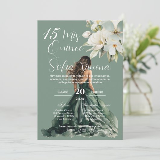 Greenery Floral Quinceañera Spanish Invitation 招待状 (スタンド正面)