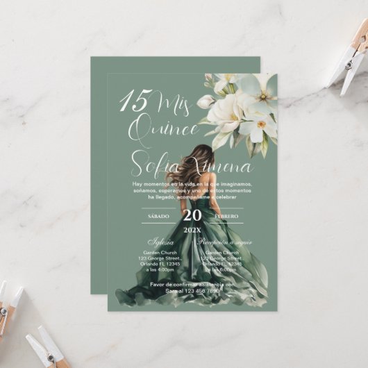 Greenery Floral Quinceañera Spanish Invitation 招待状 (正面/裏面インサイチュ)
