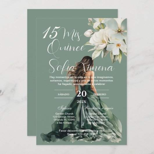Greenery Floral Quinceañera Spanish Invitation 招待状 (正面/裏面)