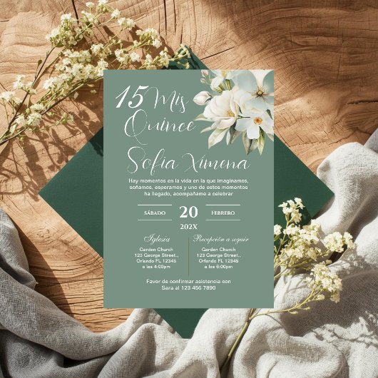Greenery Floral Quinceañera Spanish Invitation 招待状