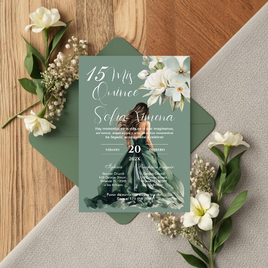 Greenery Floral Quinceañera Spanish Invitation 招待状