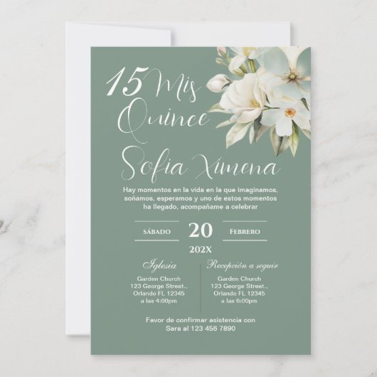 Greenery Floral Quinceañera Spanish Invitation 招待状 (正面)