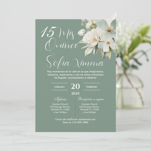 Greenery Floral Quinceañera Spanish Invitation 招待状 (スタンド正面)