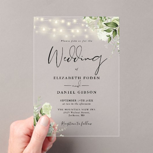 Greenery Floral String Lights Script Wedding アクリル招待状 (インサイチュ (ポータブル))